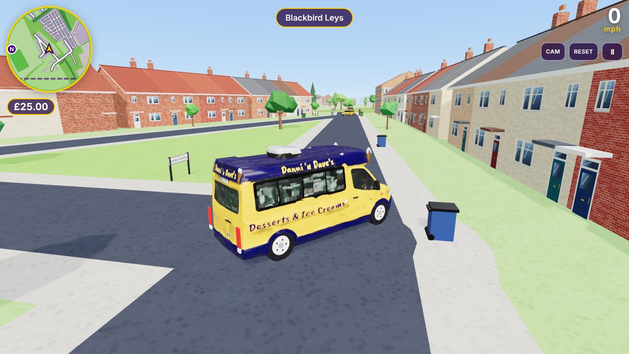 The Danni 'n' Dave's ice cream van driving down a street of terraced houses in Chime Rush