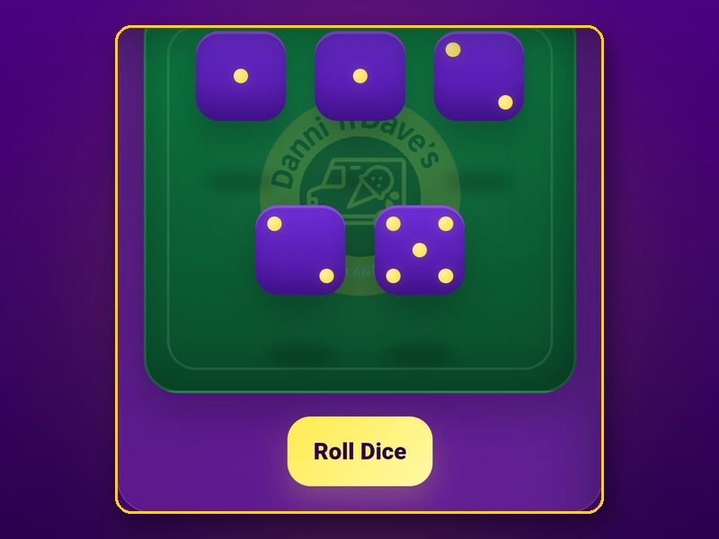 Five purple dice on a green table in Yahtzee